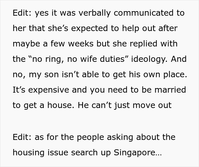 Son's GF Keeps Saying "No Ring, No Wife Duties" After Every Dinner, Mom Doesn't Want Her At House