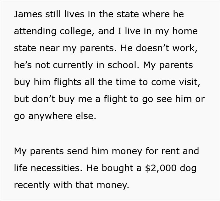 Text expressing frustration about unequal parental financial support, highlighting family dynamics. Text expressing frustration about unequal parental financial support, highlighting family dynamics.