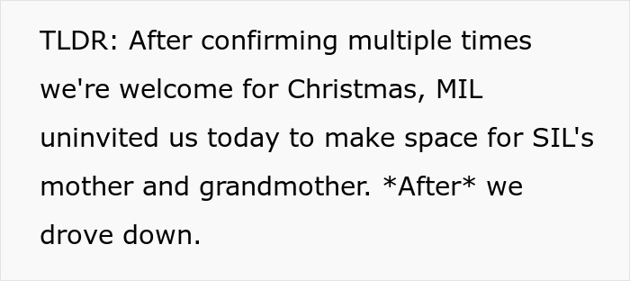 Lady Feels Devastated As MIL Kicks Her And Spouse Out Of Christmas Party In Favor Of Other Relatives Lady Feels Devastated As MIL Kicks Her And Spouse Out Of Christmas Party In Favor Of Other Relatives