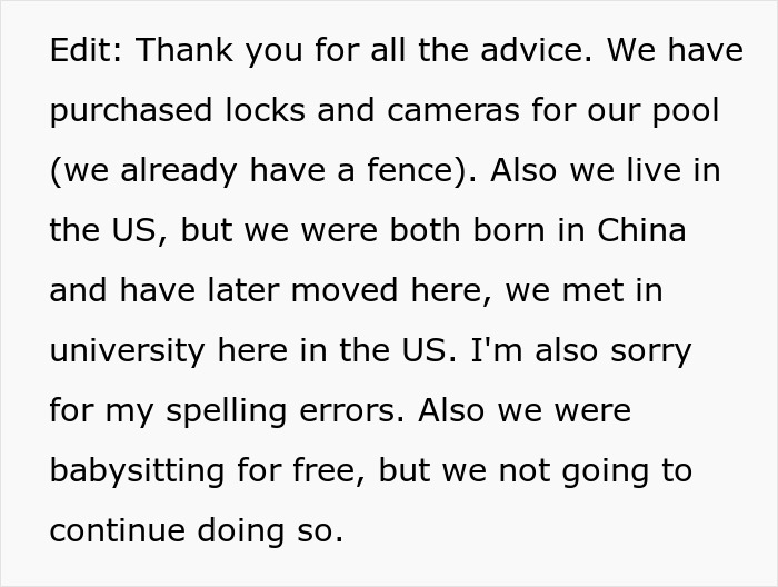Text discussing installing locks and cameras for pool security and babysitting for free. Text discussing installing locks and cameras for pool security and babysitting for free.