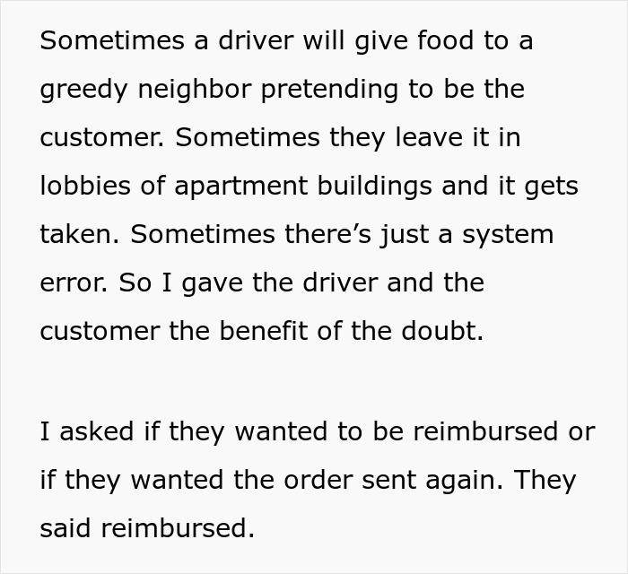 Text about a delivery error, customer choosing reimbursement, and giving driver the benefit of the doubt.