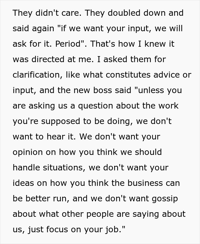 Text conveying a supervisor's message about unsolicited input at work. Text conveying a supervisor's message about unsolicited input at work.