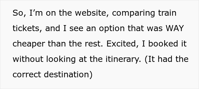 Text reading about booking a cheap train ticket without checking the itinerary. Text reading about booking a cheap train ticket without checking the itinerary.