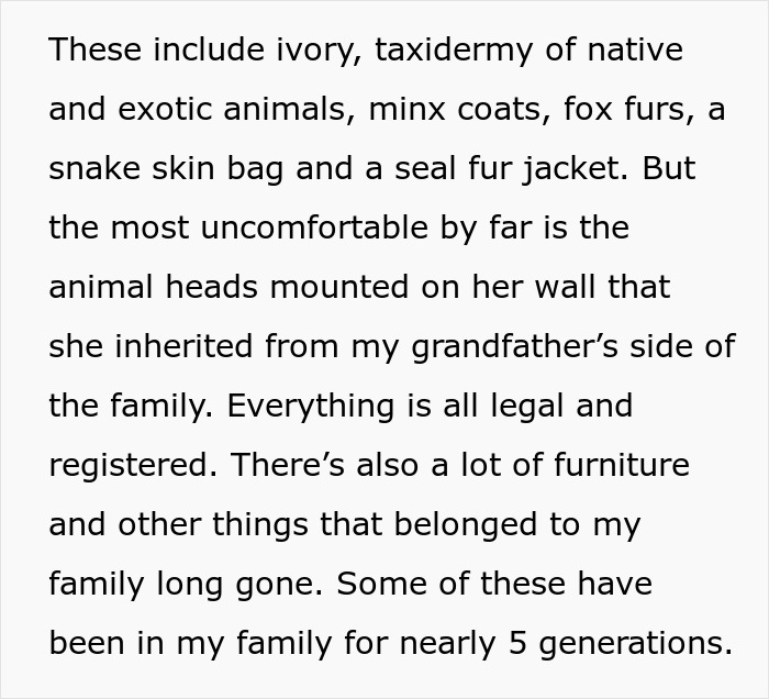Text describing inherited family heirlooms, including animal mounts and fur items, highlighting a family debate. Text describing inherited family heirlooms, including animal mounts and fur items, highlighting a family debate.
