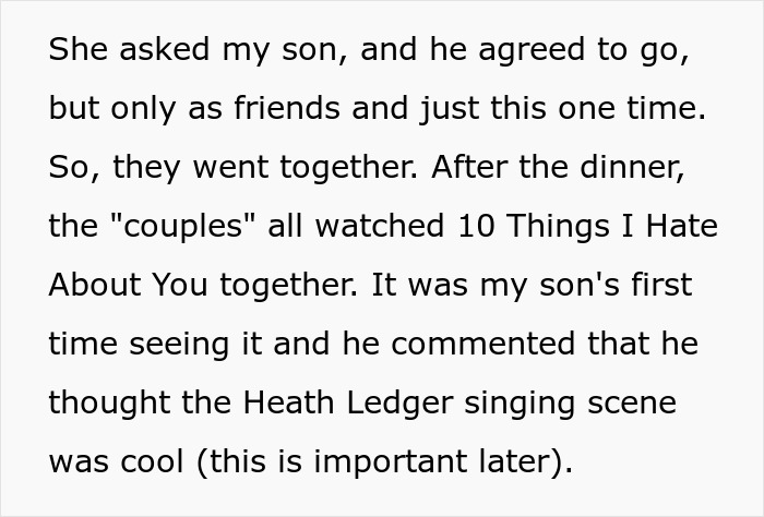 Text screenshot about a son watching "10 Things I Hate About You" and commenting on Heath Ledger's singing scene.
