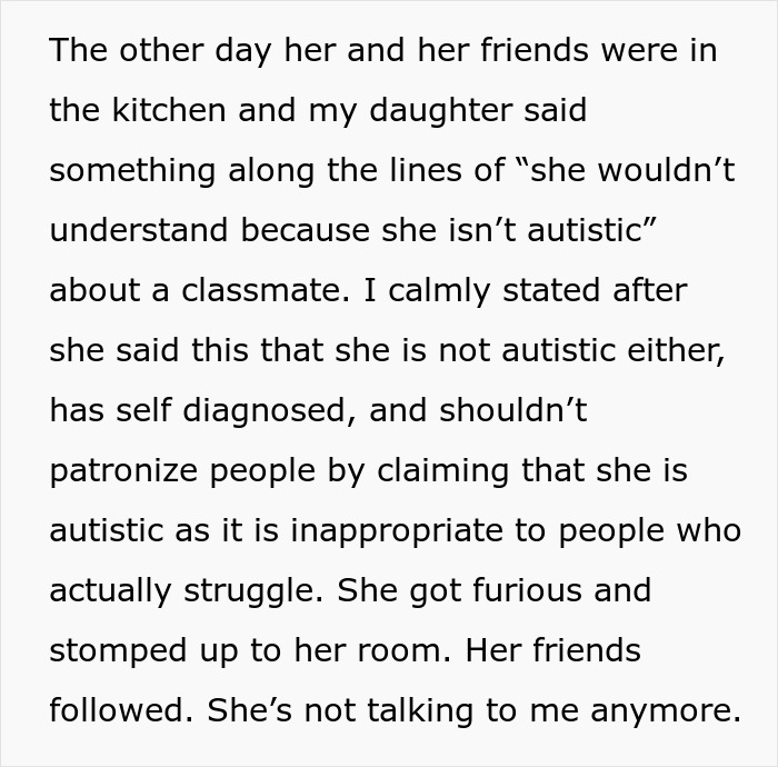 Parent Seeks Advice After Calling Out Daughter In Front Of Her Friends That She Doesn't Have Autism Parent Seeks Advice After Calling Out Daughter In Front Of Her Friends That She Doesn't Have Autism