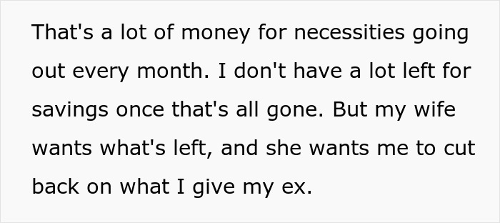 Text about wife asking husband to reduce financial support for his kids with ex-wife.