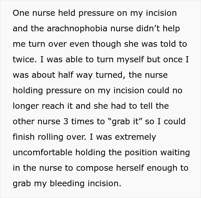 Text recounting an incident where a nurse with arachnophobia reacts to a patient's spider tattoo during medical care.