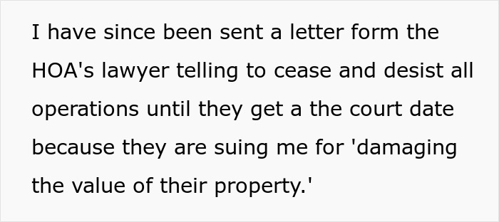 Text from HOA lawyer demanding cease of operations for property value reasons.