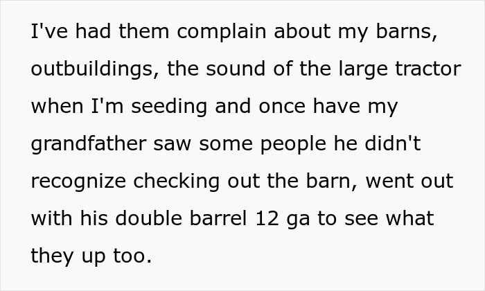 Text from a farmer describing HOA complaints about noise and outbuildings.