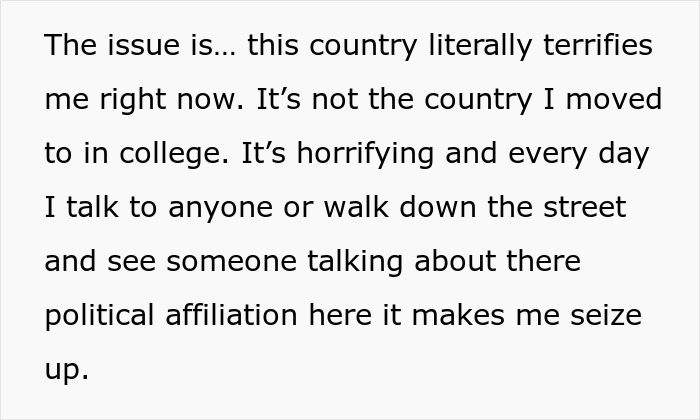 Text expressing fear about the current state of the country regarding political affiliation discussions.