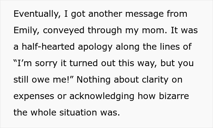 Text message conveying half-hearted apology related to wedding tax issues.