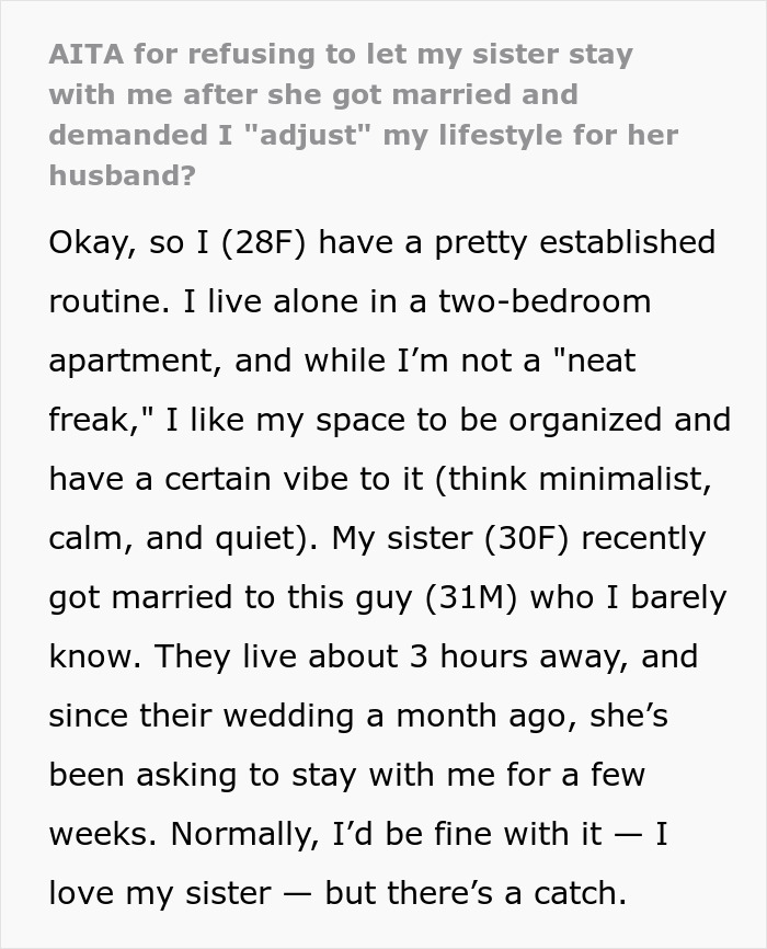 Text details a sister living alone, facing lifestyle demands from visiting sister and husband.