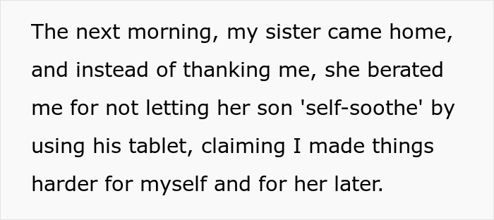 Text message about babysitting conflict, discussing sister's reaction and criticism over child's use of a tablet.