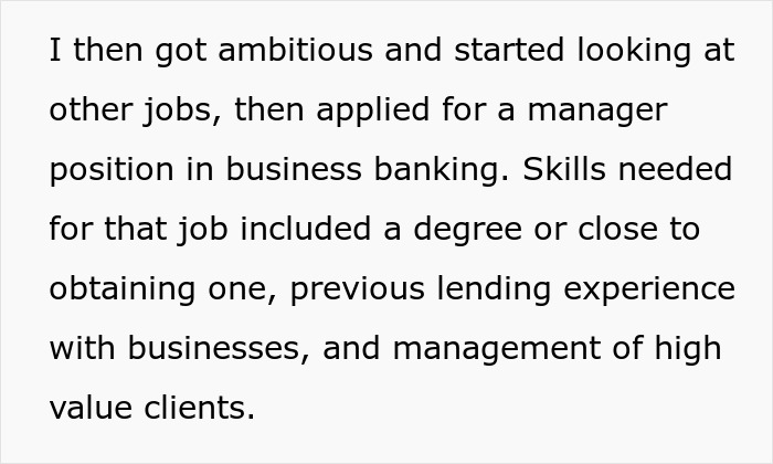 Text describing job requirements for a finance manager position in business banking.