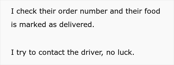 Text exchange about a food order marked as delivered, with failed attempt to contact the driver.