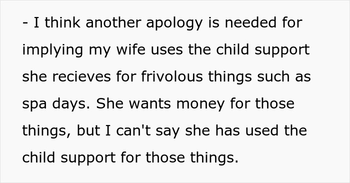 Text discussing wife demanding changes to husband's child support payments.