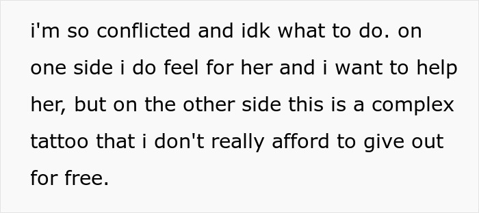 Text expressing conflict over helping a woman after a tattoo fail involving a meme.