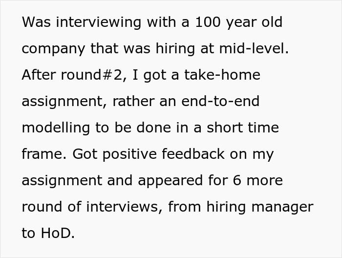 Text detailing an interview process with recruiter regrets after ghosting candidate's assignment.