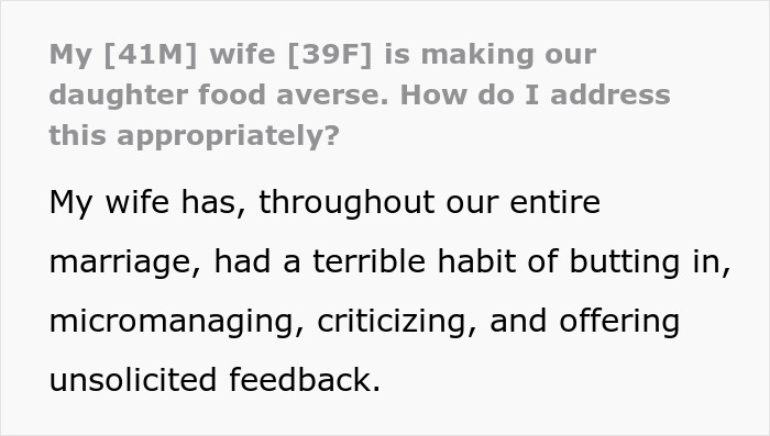 Text complaining about wife's food habits and unsolicited feedback. Text complaining about wife's food habits and unsolicited feedback.