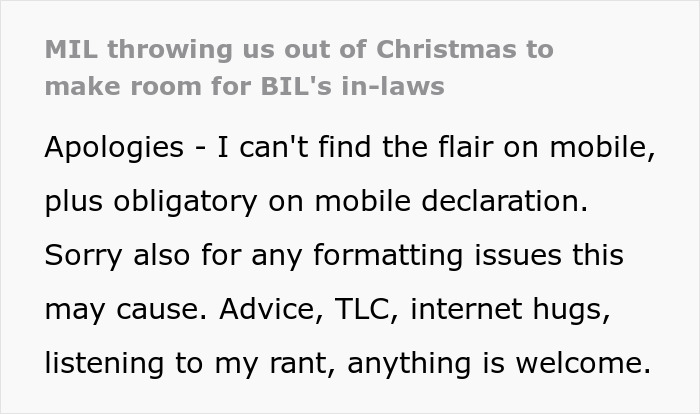 Lady Feels Devastated As MIL Kicks Her And Spouse Out Of Christmas Party In Favor Of Other Relatives Lady Feels Devastated As MIL Kicks Her And Spouse Out Of Christmas Party In Favor Of Other Relatives