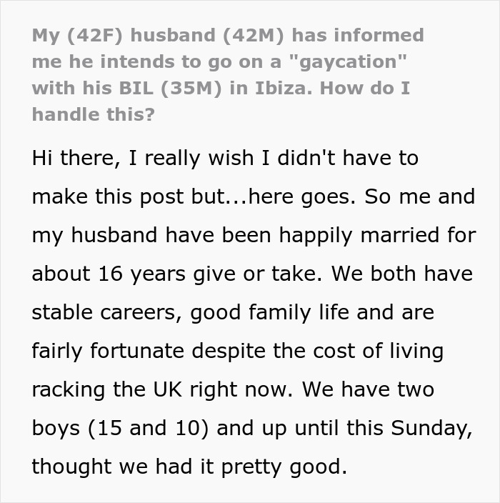Text post about husband's 'gaycation' request, surprising his wife.