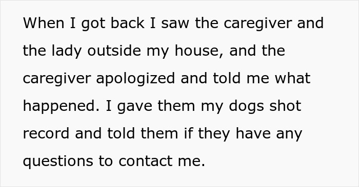 Text describing an incident where a woman's dog bit a neighbor who entered her home.