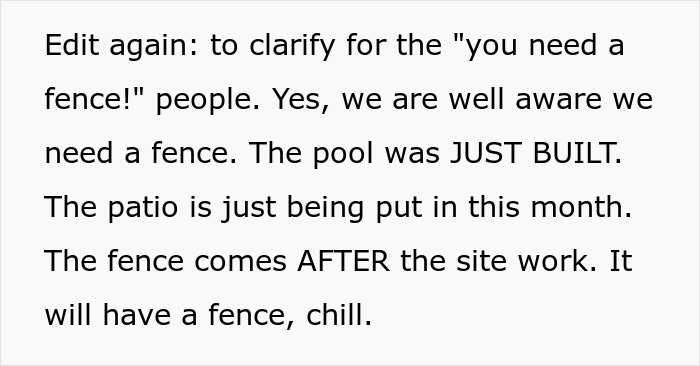 Text explaining the absence of a fence around a newly built pool and upcoming patio installation. Text explaining the absence of a fence around a newly built pool and upcoming patio installation.