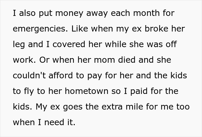 Text discussing monthly savings and support for ex and kids during emergencies.