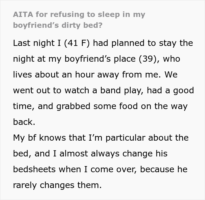 Text describes woman's decision against staying at boyfriend's due to unclean bed.