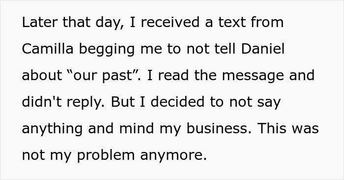 Text message recounting an affair from 12 years ago, with the woman deciding to stay out of her ex&rsquo;s current situation.