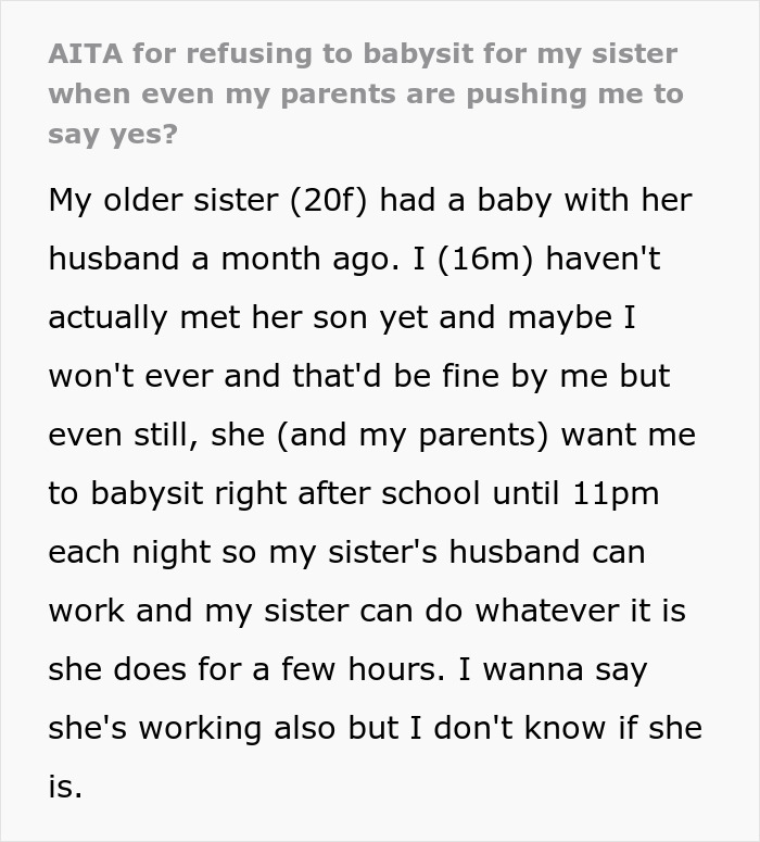 Text excerpt about family dynamics and babysitting responsibilities, focusing on pressure from siblings.