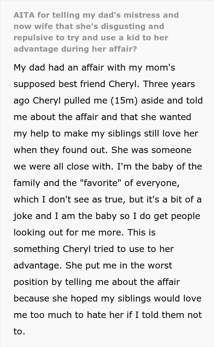 Teen Finally Explodes At Dad’s Mistress Turned Wife For Forcing Him To Join Her “Happy” Family Teen Finally Explodes At Dad’s Mistress Turned Wife For Forcing Him To Join Her “Happy” Family