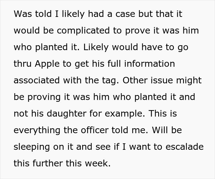 Text from a digital message discussing complications with proving an ex-father-in-law planted an AirTag after a divorce. Text from a digital message discussing complications with proving an ex-father-in-law planted an AirTag after a divorce.