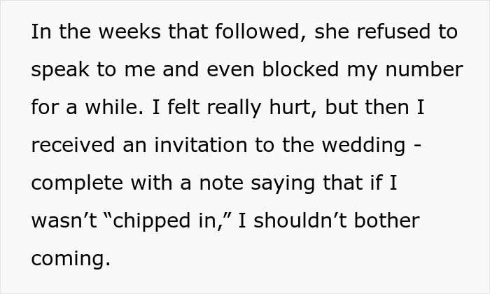 Text block about a bride's "wedding tax" causing drama and demands for contributions.