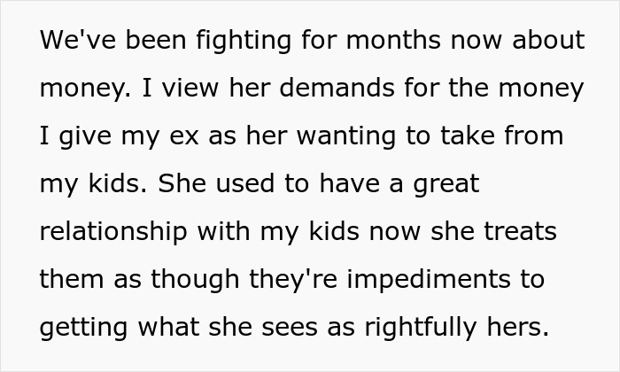 Text detailing a conflict about husband supporting kids financially with his ex, while current wife opposes.