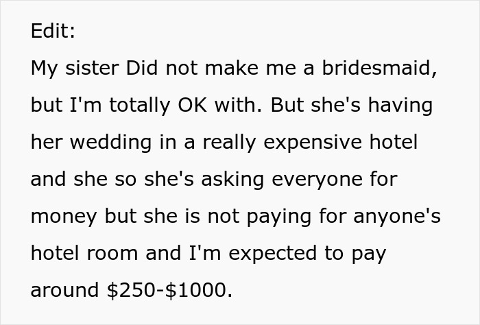 Text about a bride&rsquo;s wedding tax causing financial strain and conflict due to expensive hotel costs for guests.