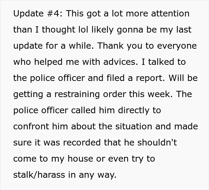 Text update about police involvement and restraining order against ex-father-in-law involving AirTag issue. Text update about police involvement and restraining order against ex-father-in-law involving AirTag issue.