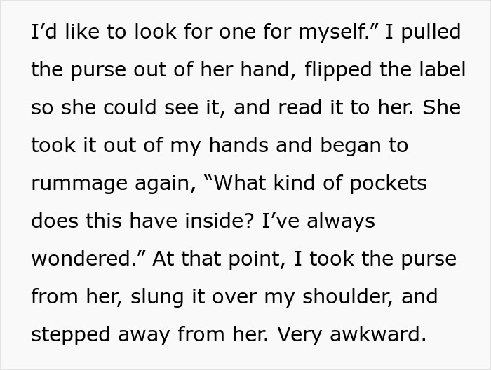 Text conversation about a purse inspection with an awkward interaction, suspecting someone's snooping behavior.