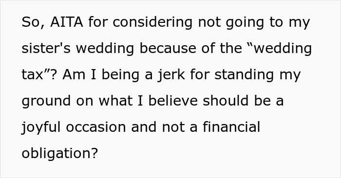 Text about wedding tax dispute and its impact on attending a sibling's wedding.
