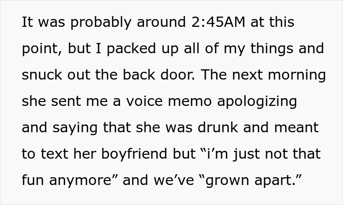 Text about a woman realizing her friend dislikes her due to an accidental text, revealing they've grown apart.