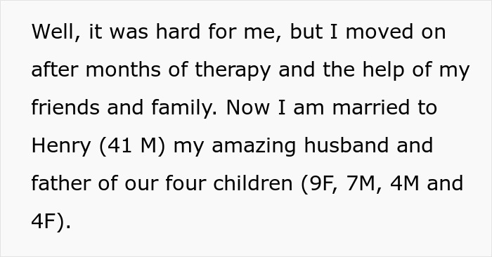 Text discussing moving on from cheating, mentioning a husband and children.