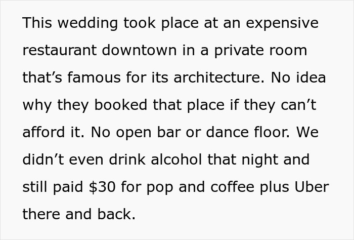 Text detailing unexpected $115 charge after attending brother's wedding at a costly venue, despite no alcohol consumption.