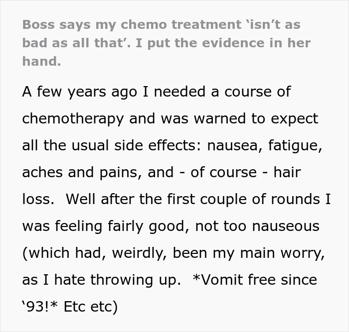 Text excerpt about boss's insensitive comment on chemotherapy treatment. Text excerpt about boss's insensitive comment on chemotherapy treatment.