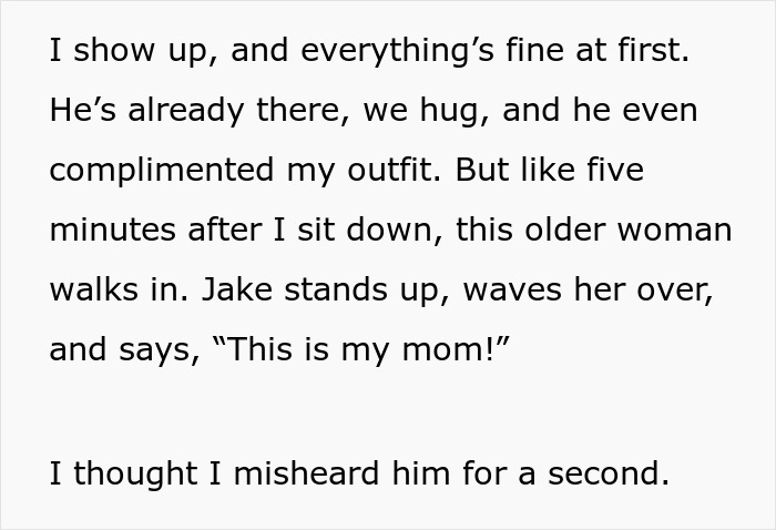 Text depicting a woman's reaction to a surprise encounter with her date's mom during their meeting.