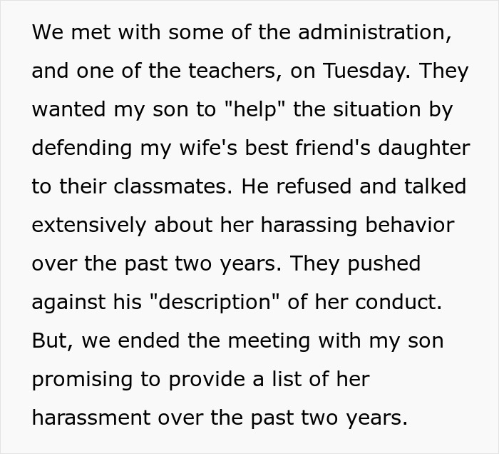 Text detailing dad supporting son in conflict over family friend's daughter, describing refusal to defend her.