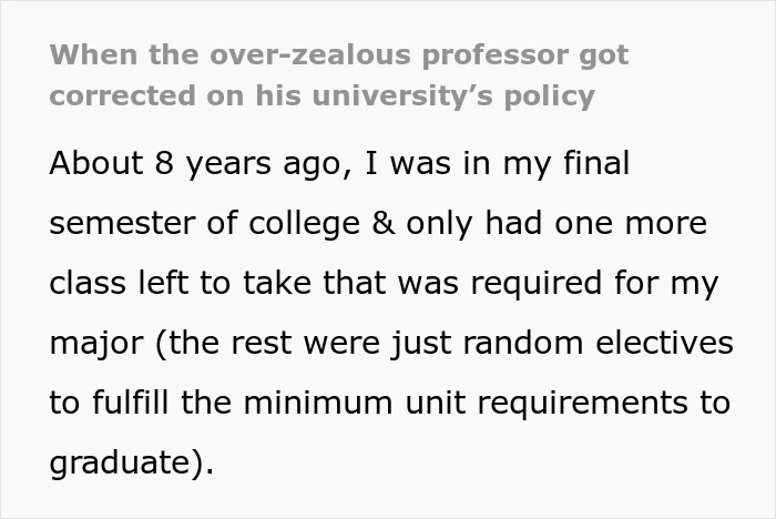 Text about a college student's experience with a strict professor.