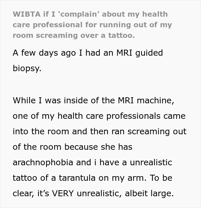 Text about a nurse fleeing after seeing a woman's large, unrealistic spider tattoo during MRI.