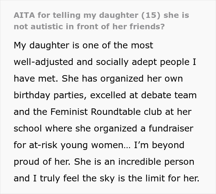 Parent Seeks Advice After Calling Out Daughter In Front Of Her Friends That She Doesn't Have Autism Parent Seeks Advice After Calling Out Daughter In Front Of Her Friends That She Doesn't Have Autism