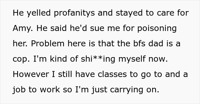 Text message recounting a tense situation about a roommate; mentions legal threats and continuing daily life despite fears.